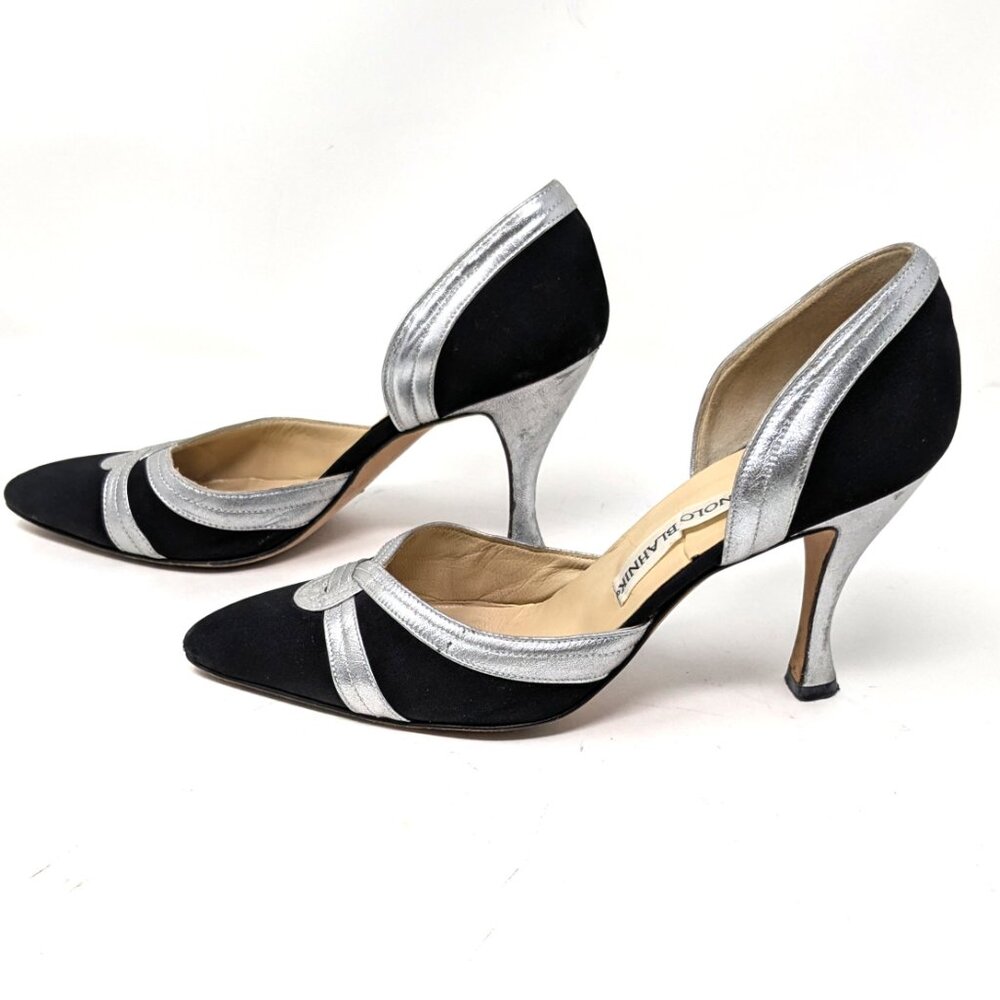 SOLDManolo Blahnik D'Orsay Pumps Black Fabric Silver Heels VTG 80s Sz 36, 6 US - Picture 3 of 16